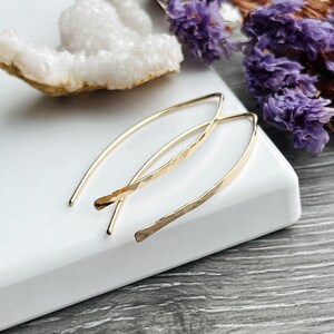 Gold Hammered Minimalist Earrings, Light-Weight Everyday Hoops, Pull Through Threader Earrings for Sensitive Ears Nickel-Free, Gift for Her image 2