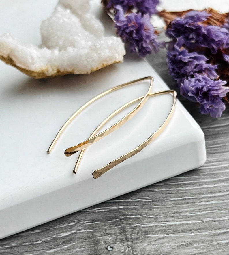 Gold Hammered Minimalist Earrings, Light-Weight Everyday Hoops, Pull Through Threader Earrings for Sensitive Ears Nickel-Free, Gift for Her image 2