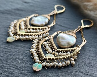 Pearl & Opal Kroonluchter Bruiloft Oorbellen voor Bruid, 14k Gold Boho Statement Oorbellen Cadeau voor vrouw voor verjaardag of jubileum