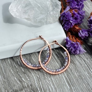 Tanzanite Beaded Hoop Earrings, Small 14k Rose Gold Filled Wire Wrapped Earrings, Powder Blue Gemstone Hoops, Unique Hoops image 1