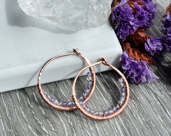 Tanzanite Beaded Hoop Earrings, Small 14k Rose Gold Filled Wire Wrapped Earrings, Powder Blue Gemstone Hoops, Unique Hoops