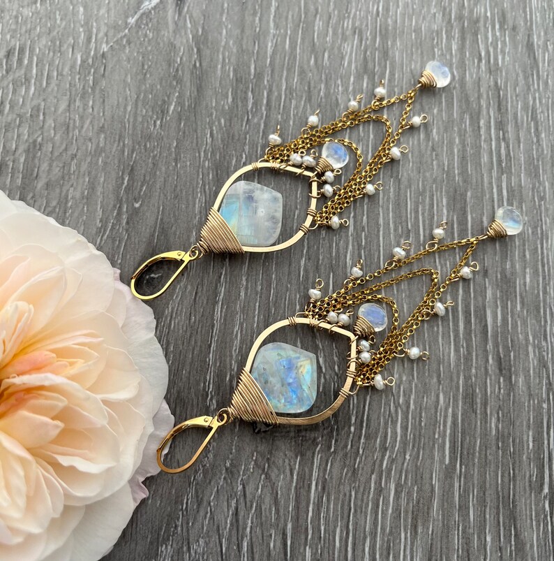 Rainbow Moonstone Chandelier Earrings, 14K Gold Fill Boho Earrings, Gemstone Leaf Statement Earrings, Wedding Earrings, Bridal Jewelry image 3