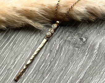 14Kt Gold Fill Stick Necklace, Raw Diamond Necklace, Minimalist Bar Necklace, Hammered Gold Necklace, Gift for Girlfriend