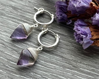 Silver and Gemstone Huggie Hoops, Geometric Ametrine Hoop Earrings, Gift for Women, Girlfriend, Wife or Best Friend