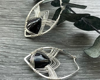 Silver & Garnet Leaf Hoop Earrings, Nickel-Free Art Deco Earrings, Sterling Silver Wire Jewelry, Unique Handmade Earrings