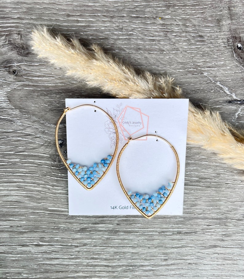 Blue Opal Hoop Earrings, 14k Gold Filled Wire Wrapped Earrings, Powder Blue Gemstone Hoops, Unique Hoops image 3