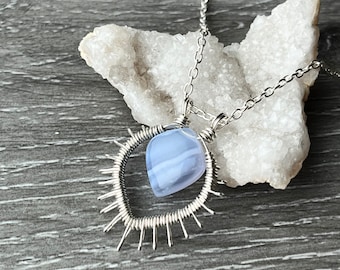 Silver Sunburst Necklace for Everyday Dainty Crystal Wire Wrapped Gemstone Necklace for Graduation Gift Blue Agate Necklace Gift For Her