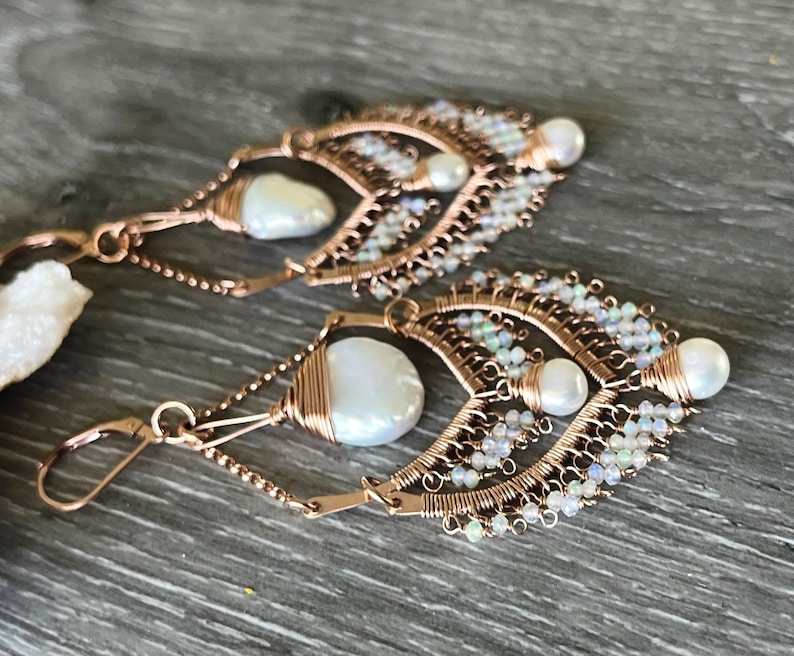 Rose Gold, Pearl and Opal Chandelier Wedding Earrings for Bride, 14k Gold Boho Statement Earrings Gift for Wife for Birthday or Anniversary image 5