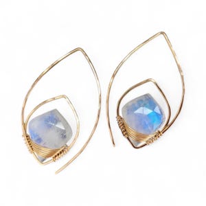 Boucles d'oreilles arc-en-ciel avec pierre de lune : boucles d'oreilles enfile-filet en or rose 14 carats