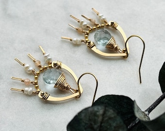Moss Aquamarine Teardrop Earrings, Gemstone Chandelier Earrings, 14K Gold Fill Boho Earrings, Nickel-Free Earrings