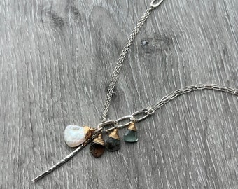 Moss Aquamarine and Pearl Necklace, Asymmetrical Mixed Metal Necklace, 14K Gold Fill & Sterling Silver Necklace, Edgy Crystal Necklace