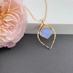 Rainbow Moonstone Leaf Necklace, Available in Gold or Sterling Silver, Nickel-Free Necklace with Rainbow Moonstone, Gemstone Necklace