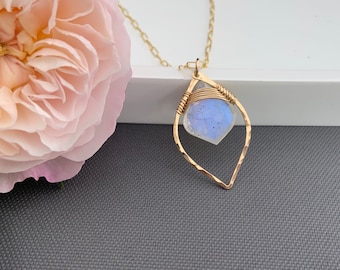 Rainbow Moonstone Leaf Necklace, Available in Gold or Sterling Silver, Nickel-Free Necklace with Rainbow Moonstone, Gemstone Necklace