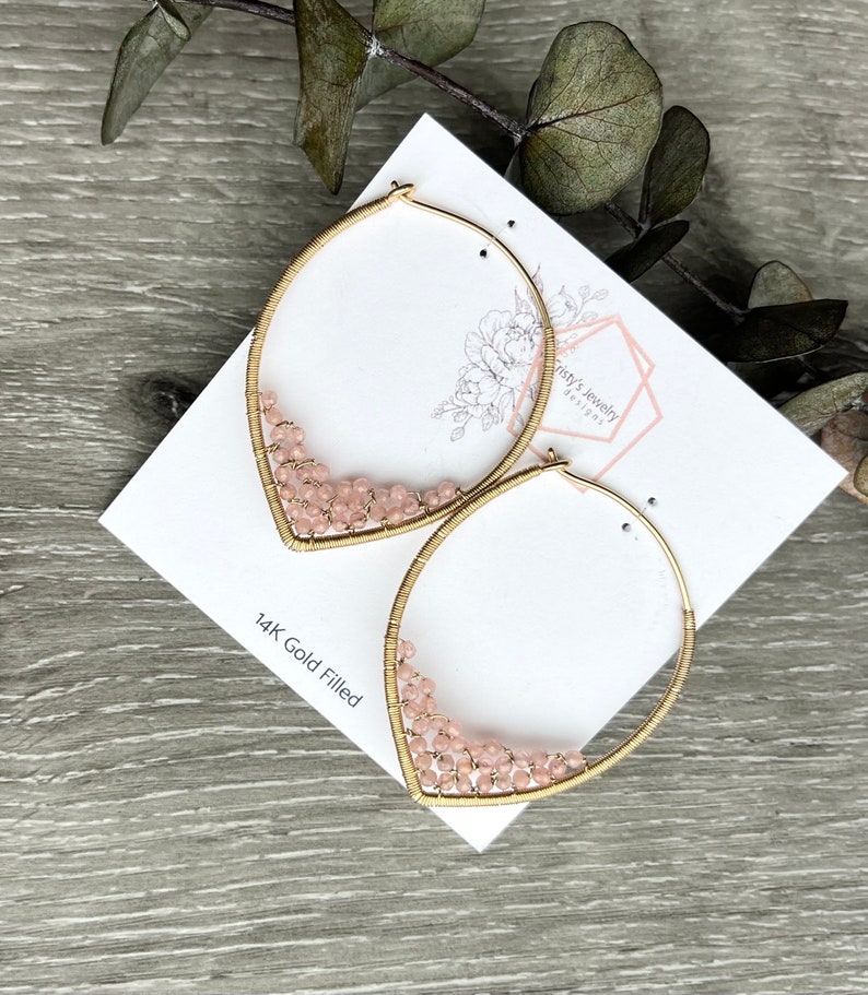 Gemstone Beaded Hoop Earrings, Pink Rhodochrosite Earrings, 14k Gold Filled Wire Wrapped Earrings, Powder Blue Gemstone Hoops, Unique Hoops image 6