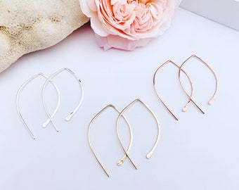 Small Threader Earrings, Hammered Arc Earrings, Sterling Silver, Gold Fill or Rose Gold Filled,Light Weight Everyday Earrings