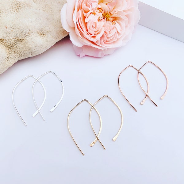 Small Threader Earrings, Hammered Arc Earrings, Sterling Silver, Gold Fill or Rose Gold Filled,Light Weight Everyday Earrings