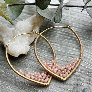 Gemstone Beaded Hoop Earrings, Pink Rhodochrosite Earrings, 14k Gold Filled Wire Wrapped Earrings, Powder Blue Gemstone Hoops, Unique Hoops image 1