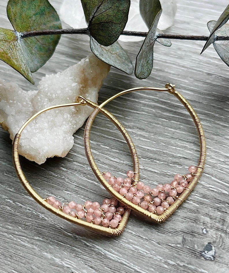 Gemstone Beaded Hoop Earrings, Pink Rhodochrosite Earrings, 14k Gold Filled Wire Wrapped Earrings, Powder Blue Gemstone Hoops, Unique Hoops image 1