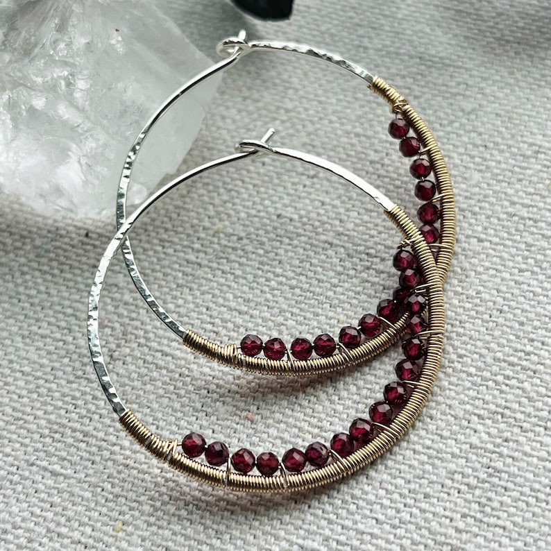 Silver & 14k Gold Fill Hoops, Garnet Earrings, Mixed Metal Gemstone Hoop Earrings, Large Nickel Free Hammered Hoop Earrings image 4