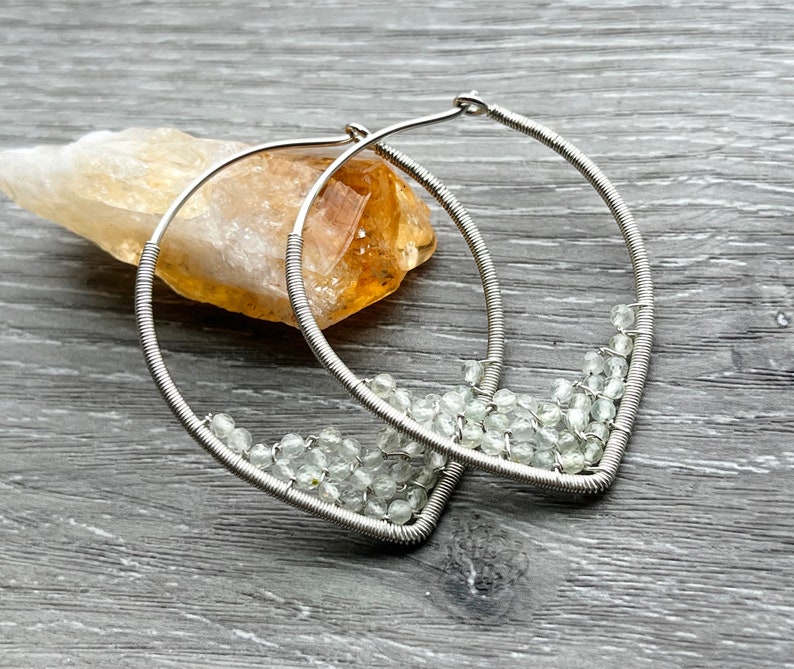 Prehnite Hoop Earrings, 14k Gold Filled Wire Wrapped Earrings, Powder Blue Gemstone Hoops, Unique Hoops Sterling Silver