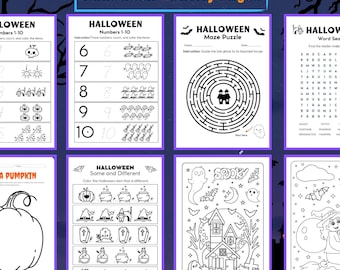Livret d'activités Halloween à téléchargement numérique, pages à colorier et activités amusantes pour les enfants, coloriage effrayant et jeux d'Halloween créatifs