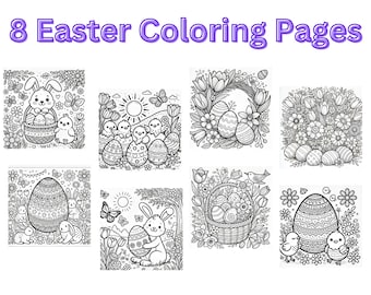 Páginas para colorear de Pascua / Hojas para colorear de Pascua imprimibles para niños / Lindo conejito de Pascua, huevos, flores y pollitos / Descarga instantánea