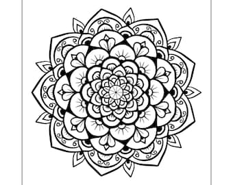 May include: Black and white mandala coloring page with the text "MANDALA COLORING BOOK".