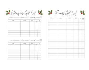 May include: A printable Christmas gift list with two sections: one for family and one for friends. Each section has columns for person, gift, store, price, and a checkbox for shopping finished.