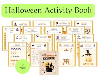 Può includere: Un libro di attività di Halloween con 17 pagine di attività a tema. Le pagine includono una poesia, un gioco di memoria, una caccia al tesoro, un labirinto, il conteggio, il tracciamento, la scrittura e altro ancora. La copertina presenta una casa infestata e un fantasma amichevole.