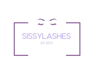 May include: A purple logo with the text "SISSYLASHES BY A&A" inside a square frame. Two closed eyes with eyelashes are above the text.