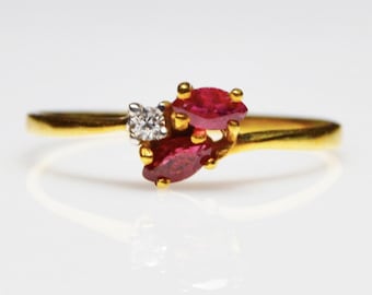 Natural Ruby 9K Gold Ring, Marquise, Zircon Accent, July Birthstone