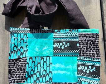 Handmade green, turquoise and black patchwork tote bag with pocket