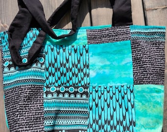 Handmade green, turquoise and black patchwork tote bag with pocket