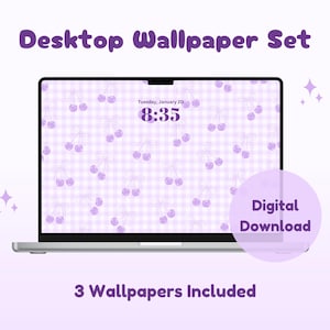 May include: A laptop displays a purple cherry-themed wallpaper set against a gingham background. The screen shows the time as 8:35 AM on Tuesday, January 20. Text reads "Desktop Wallpaper Set", "Digital Download", and "3 Wallpapers Included".