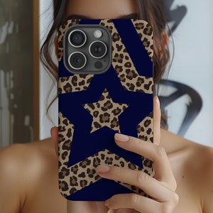 Navy Blue Y2K Cheetah Star Phone Case, Aesthetic Leopard Print Phone Case, iPhone 16 15 14 13 12 Pro Max Plus, Samsung S24 S23 Ultra Cases