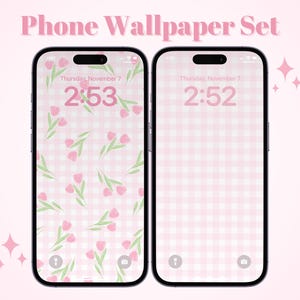 Tulip Picnic Phone Wallpaper Set | Aesthetic Soft Pink Digital Background | Cute Gingham Pattern iPhone & Android Digital Wallpaper Download