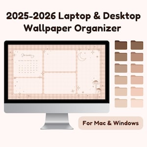 May include: A digital desktop wallpaper organizer for Mac and Windows computers. The wallpaper features a calendar for January 2025, a gingham pattern, stars, a crescent moon, and mushrooms. The wallpaper also includes 12 color-coded folders for organization.