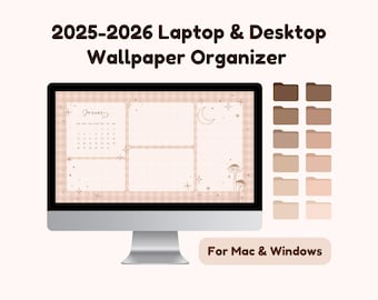 Organizador de fondos de escritorio 2025-2026, tema de escritorio estético Cottagecore, calendario digital acogedor y relajante para computadoras Mac y Windows