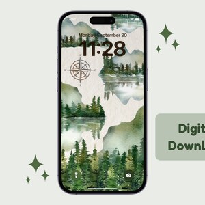 May include: A digital phone wallpaper featuring a watercolor illustration of a forest scene with mountains and a lake. The time is displayed as 11:28 on the phone screen. The wallpaper is available for digital download.