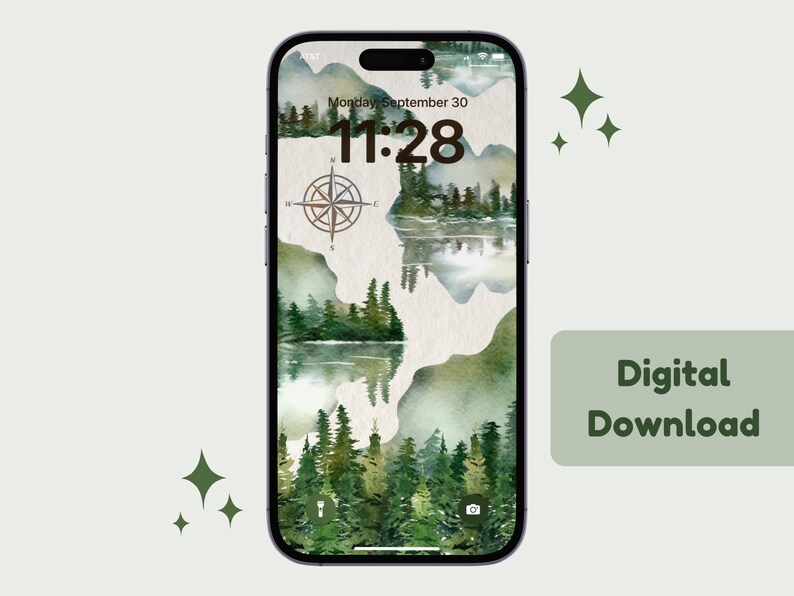 May include: A digital phone wallpaper featuring a watercolor illustration of a forest scene with mountains and a lake. The time is displayed as 11:28 on the phone screen. The wallpaper is available for digital download.