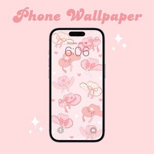 May include: A pink phone wallpaper with a pattern of pink and white cowboy hats with bows and stars. The phone screen displays the time 6:06 and the date Sunday, July 1st.