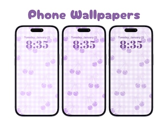 Purple Cherry Phone Wallpaper Pack, Coquette Gingham Background (Digital Download)