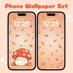 May include: Two phone wallpapers featuring a cute cartoon mushroom with a red cap and white spots. The background is a gradient of orange and pink with scattered autumn leaves and white sparkles. The time is displayed as 12:25 on both wallpapers.