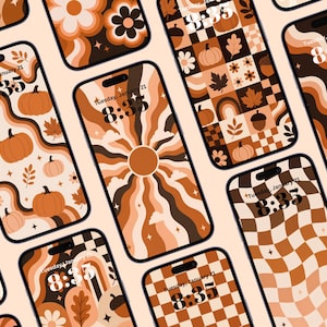 May include: A collection of smartphones displaying various digital wallpaper designs in shades of brown, orange, and cream. The screens feature patterns including wavy lines, checkered grids, sunbursts, pumpkins, autumn leaves, and flowers with the time 8:35.