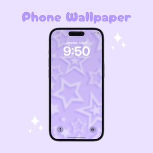 May include: A purple phone wallpaper with a pattern of white stars. The phone screen displays the time 9:50 and the date Saturday, July 27.