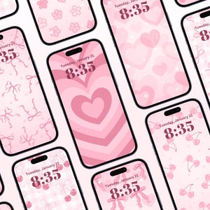 May include: Nine different phone screen designs with pink backgrounds and various patterns. The patterns include hearts, bows, cherries, and flowers. Each design features the text "Tuesday, January 21" and the time "8:35".