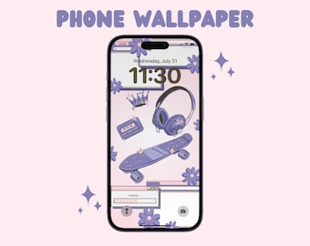 Y2K Aesthetic Phone Wallpaper | Cute iPhone Wallpaper | Pink & Purple Retro Lock Screen | Android/IOS Digital Wallpaper Download