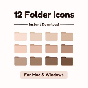 May include: Twelve folder icons in various shades of brown and beige. The icons are arranged in a grid of four rows and three columns. The text "12 Folder Icons" is at the top of the image, and the text "Instant Download" is below it. The text "For Mac & Windows" is at the bottom of the image.