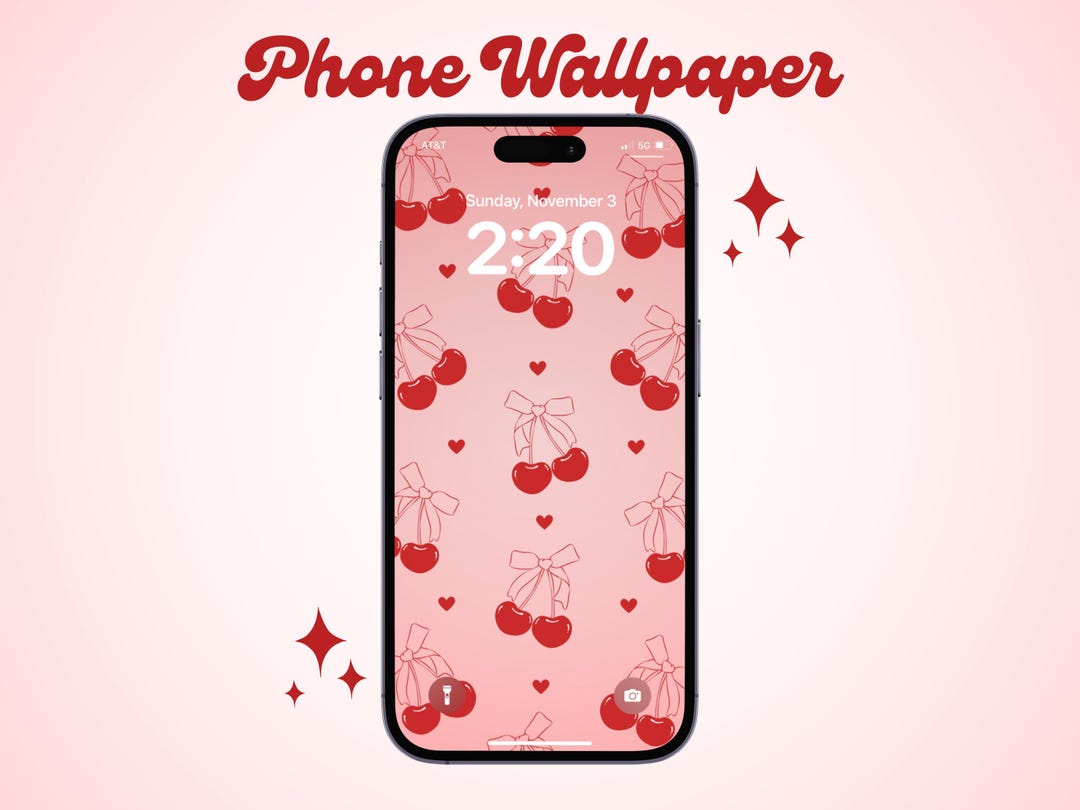 Coquette Cherry Phone Wallpaper | Cute Red Bow Wallpaper | Dreamy Fruit ...