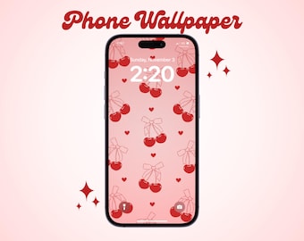 Coquette Cherry Phone Wallpaper | Cute Red Bow Wallpaper | Dreamy Fruit Background | Aesthetic iPhone & Android Digital Wallpaper Download